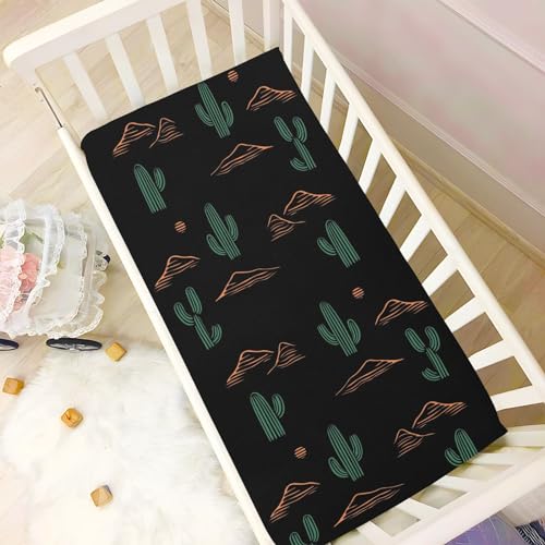 Image of Cactus Plant and Mountain Black Fitted Crib Sheets Stretchy Portable Playard Sheets for Baby Toddler, Breathable Soft Mini Crib Mattress 52 x 28 in for Boys and Girls