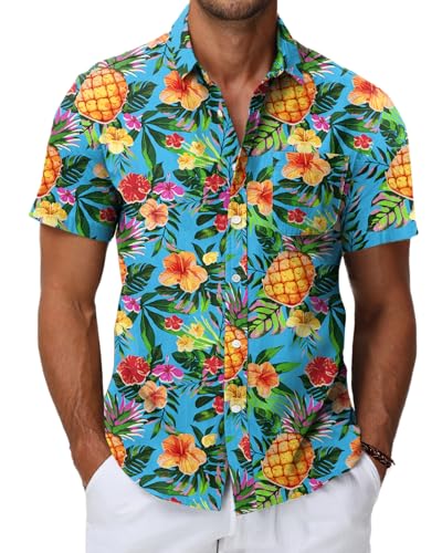 HMIYA Herren Hawaii Hemd Männer 100% Baumwolle Unisex Kurzarm Vordertasche Button Down Sommer Freizeit Urlaub Strand