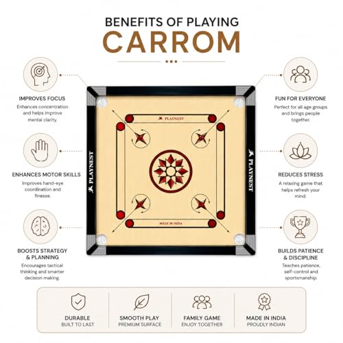 Image of Premium Wooden Carrom Board for Family Fun Indoor Game Smooth Playing Surface Durable Construction Easy Coin Glide Board Game for Kids & Adults (26 INCH)