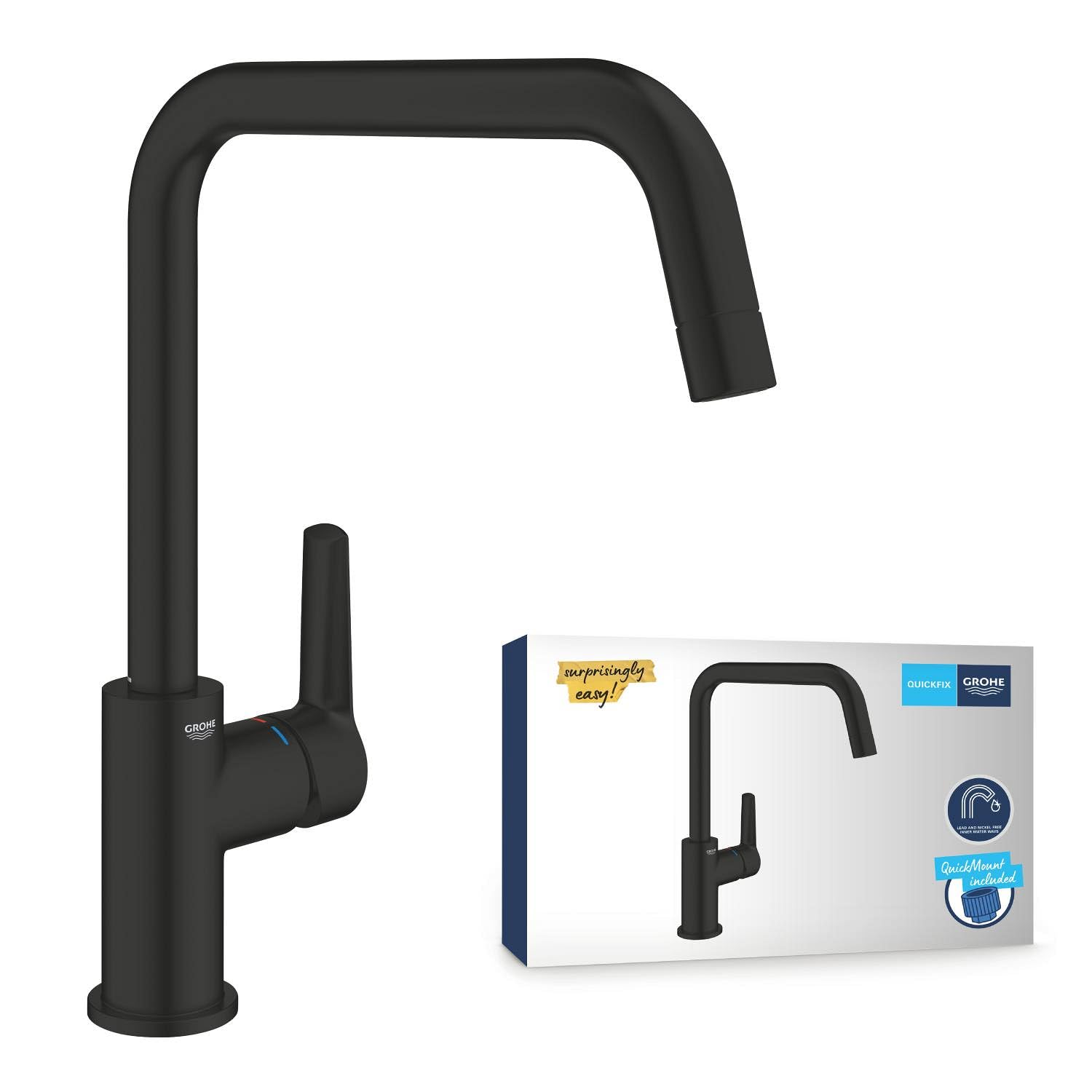 GROHE Start Monomando de fregadero 1/2" QuickFix (Montaje monomando giratorio 150°, caño alto), Negro mate 304702430