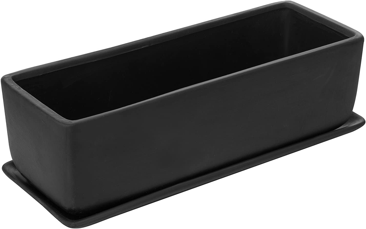 MyGift 14 Inch Black Ceramic Window Box Planters, Rectangle Flower Boxes Succulent Planter Pot with Saucer, Drainage Holes and Trays for Windowsill, Indoor, Outdoor, Garden