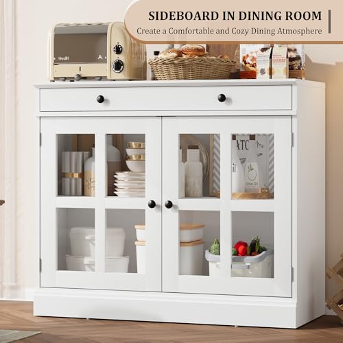 GarveeHome 35.4" Sideboard Buffet Cabinets with Glass Door, Buffet Cabinet with Storage, White Sideboard Cabinet with Drawer, Modern Buffets & Sideboards for Dining Room, Kitchen