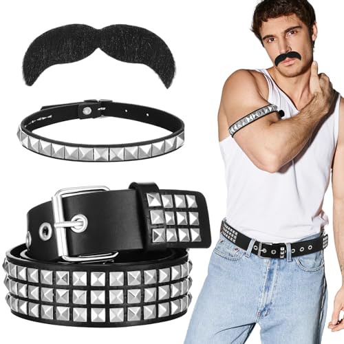 Bunnycool Rock Band Costumes Accessories Halloween Rocker Costume Studded Belt and Armband Self Adhesive Mustache 70s 80s 90s Metal Punk Rock Party Cosplay Gothic Rocker Accessory for Women Men