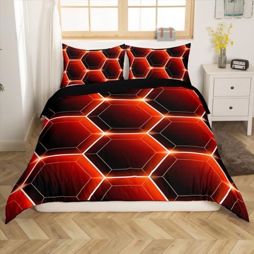 Honeycomb Duvet Cover Twin Size 3D Stereoscopic Black Ruby Red Hexagon Bedding Sets Geometric Hexagonal Beehive Comforter Cover Simplistic Geometrical Geometry Room Decor