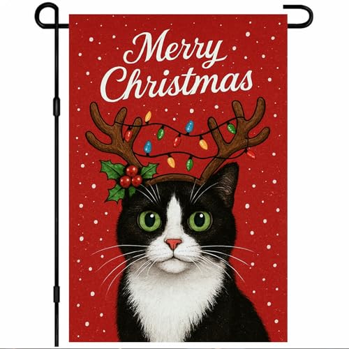 Image of BlissYard Christmas Garden Flag 12x18 Inch Tuxedo Cat Holiday Yard Flag with Reindeer Antlers Double Sided Winter Cat Banner for Outdoor Lawn Patio Decor