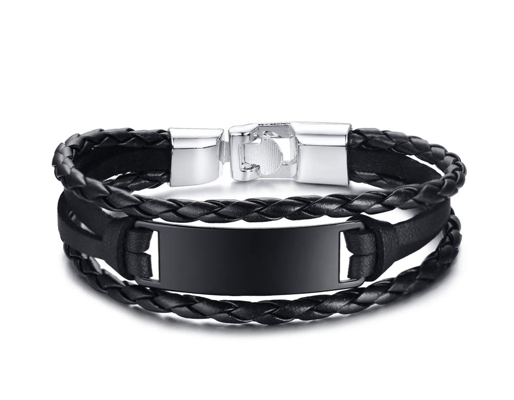 VNOXTrenzado de Cuero de PU Chapado en Negro Etiqueta de Identificación de Acero Inoxidable Pulsera Pulsera Brazalete para Hombres Niño