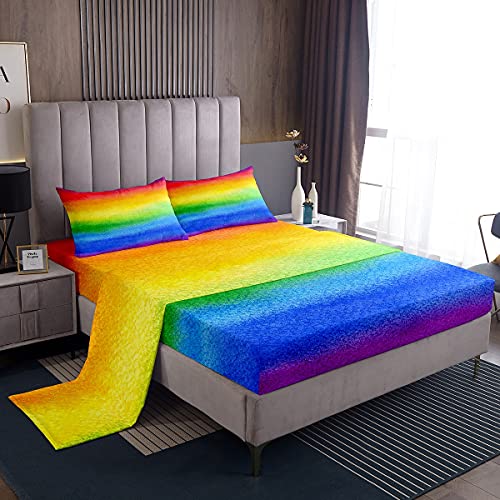 Loussiesd Double Sheet Set For Kids Girls Rainbow Stripe Bright Watercolor Soft Kids Bedding Set