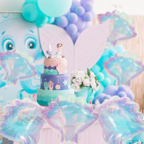 Image of Iridescent Seashell Mermaid Balloon, 6 Pack Ocean Sea Shell Balloons For Hawaii Summer Beach Under the Sea Theme Birthday Baby Shower Party Decoration Supplies