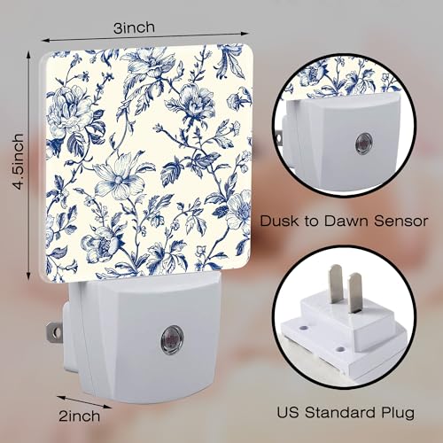 Image of Vintage Blue Flowers Night Light, Abstract Botanical Floral Leaves Dusk to Dawn Night Light Plug in, 0.5w Energy Saving Sleep Friendly NightLight for Kids Boys Girls Home Decor