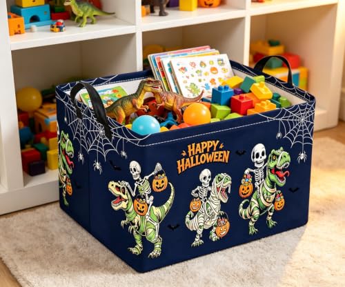 Image of Halloween Basket Cute Baskets for Kids Pumpkin Basket Rectangular Storage Bin Organizer Box Room Decor(Blue Halloween Dinosaur)