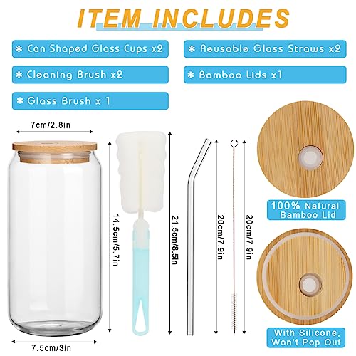 UHAPEER 2 Pack Can Shaped Glass Cup with Bamboo Lids & Glass Straw, 19oz/550ml Drinking Glasses Cup - Image 2