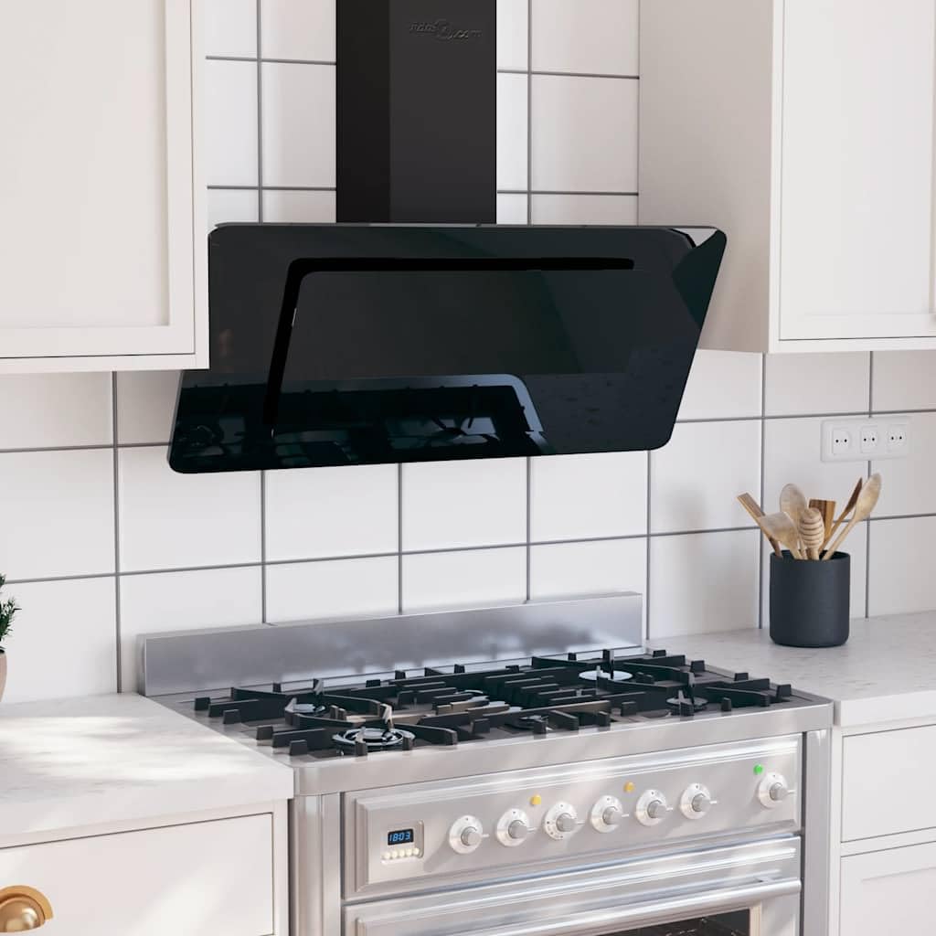 Campana extractora de 90 cm, acero inoxidable, cristal templado, negro, con 3 niveles de velocidad e iluminación LED para cocina, montaje en pared, aire de escape silencioso, filtro de grasa