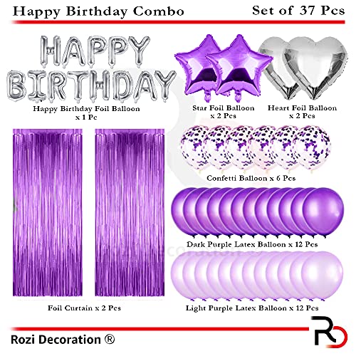 Image of Rozi Decoration Happy Birthday Purple Theme Confetti & Metallic Balloons, Heart Star Balloon Foil Fringe Curtain 16th 18th 19th 21st Purple & Silver Theme Birthday Party Kit Pack of 37 Piece
