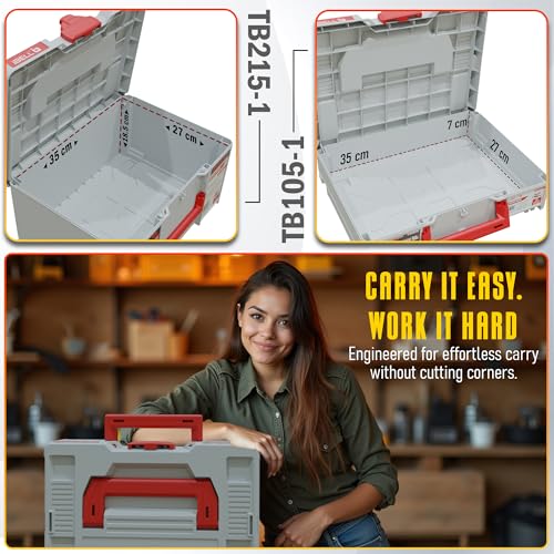 Image of iBELL Dual Size Stackable Tool Storage Boxes - TB215-1 (Large) & TB105-1 (Medium) - Durable PC+ABS