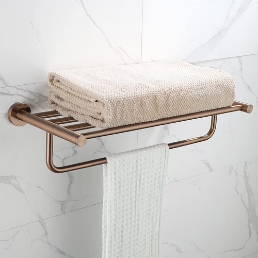 Toallero de oro rosa de 60 cm y cepillo de baño para organizar aseos pequeños