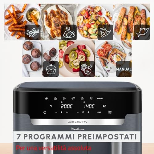 Moulinex Dual Easy Fry XXL, Friggitrice ad Aria 11 Litri, Doppio Cestello Antiaderente Lavabile in Lavastoviglie, Basso Consumo Energetico, 7 Modalità, App Ricette, Colore Java Pepper, EZ942B - immagine 5