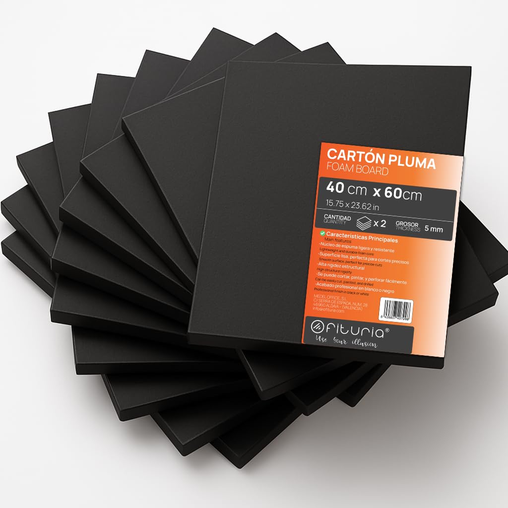 OFITURIA Pack of 2 Black Foam Panels, 40 x 60 cm, Pack of 2, Lightweight and Rigid Foam Board, Multi-Purpose Foamboard with Easy Cut, Ideal for Crafts, Models and Exhibitions, 5 mm