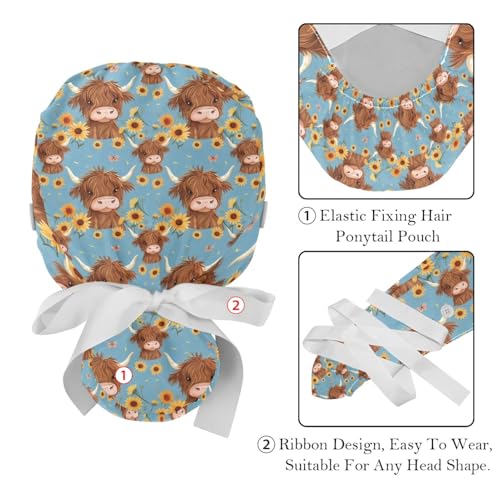 Image of 2 PCS Bouffant Cap with Button Ponytail Pouch Working Cap Sweatband Adjustable Surgical Cap Black and White Cow