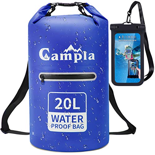 CAMPLA Waterproof Dry Bag Backpack for Kayaking 20L,Zip Pocket Roll Top Lightweight Floating Waterproof Bag Dry Sack w/Strap and Watertight Phone Case for Boating,Swimming,Beach and Water Sports Blue