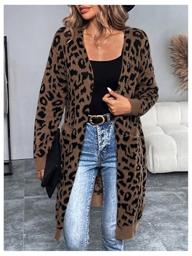 Verdusa Women's Leopard Print Open Front Long Cardigans Sweaters Knit Outerwear with Pockets4