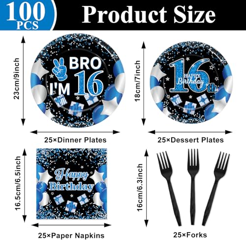 Image of Qyeahkj 100 Pcs 16th Birthday Decorations for Boys Official Teen Supplies Plate Napkin Forks Set Disposable Blue 16th Birthday Tableware Paper Plates Dinnerware for Kids Teenager Favors Serve 25