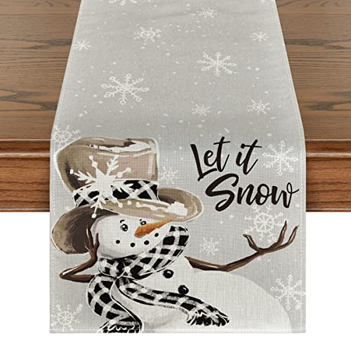 Image of Artoid Mode Grey Snowman Snowflake Let it Snow Christmas Table Runner, Seasonal Winter Kitchen Dining Table Decor for Home Party Indoor 13x48 Inch