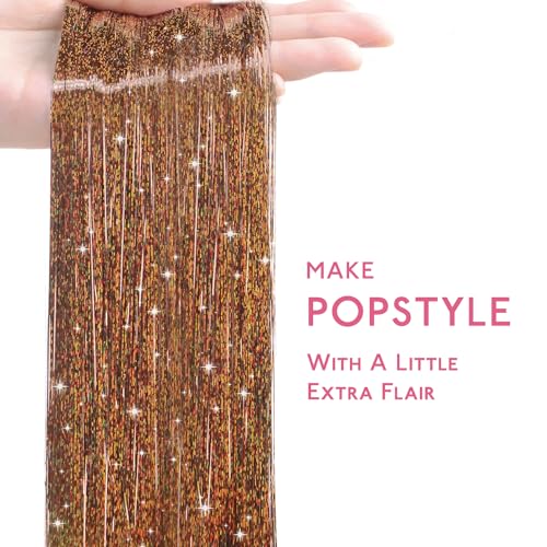 Image of WENNALIFE Hair Tinsel for Girls, Golden Brown Fairy Kit 1200 Strands 6PCS 48 Inch Heat Resistant Glitter Tinsel Hair Extensions Kit Christmas Feathers Sparkle Strands