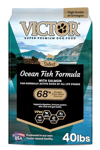 VICTOR Super Premium Dog Food – Select Ocean Fish Formula with Salmon – Omega-3 and Omega-6 Enriched Gluten-Free Dry Kibble for All Normally Active Dogs of All Life Stages, 40lbs