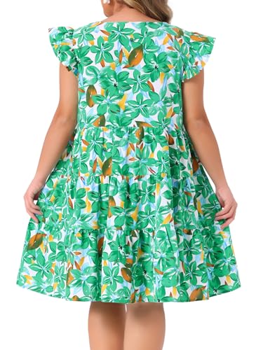Image of Agnes Orinda Plus Size Summer Dress for Women Boho Flutter Sleeves Round Neck Floral Print Tiered Babydoll Ruffle Dresses