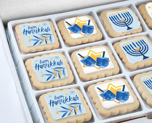 Image of Happy Hanukkah Cookies Gift Basket Kosher for Men Women Kids | Jewish Holiday Gourmet Corporate Food Gift INDIVIDUALLY WRAPPED | 12 Decorated Sugar Cookies Menorah Donuts Dreidels