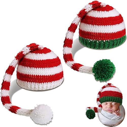 2 Pieces Baby Christmas Long Tail Hat Pom Knitted Crochet Christmas Tree Beanie with Pom Winter Warm Santa Hat for Newborn Baby Photography Photo Props