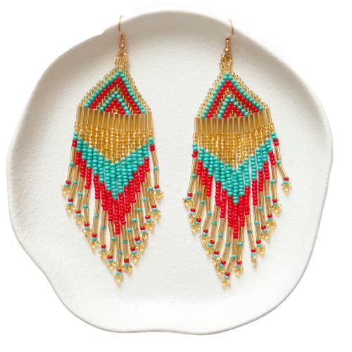 Handmade Artisan Dangle Fringe Earrings, Long Seed Bead Turquoise, Red & Sparkly Gold Statement Earrings for Women