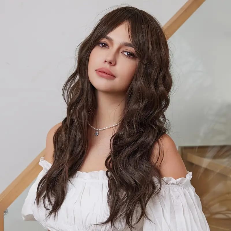 Image of Long Wavy Brown Wig with Bangs for Women | Full Head Synthetic Hair Wig | (Pack of 1) WigCap & Comb | Washable | Natural Looking Hair Loss Solution Alopecia Hair Wigs