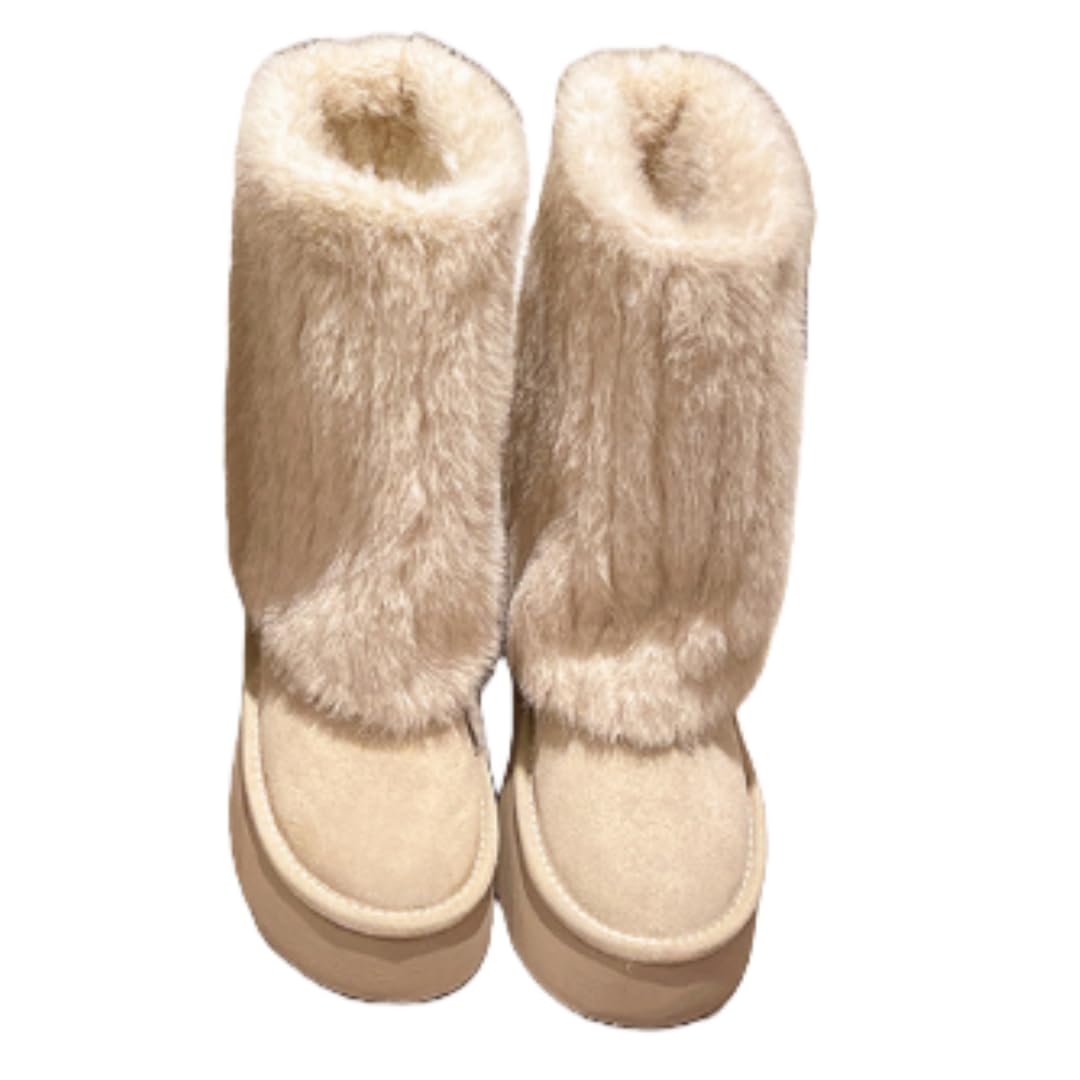 Womens Solid Color Snow Boots Fashionable Slip-on Plush Lined Winter Boots Comfortable Mid-calf Boots