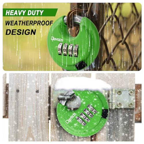 Image of DAYGOS Combination Disc Padlocks for Outdoor - Heavy Duty 4 Digit Code Lock, Combo Discus Lock for Storage Unit,Gate,Fence,Trailer(3 /8-in Shackle,1PCS,Green) | 4 Digit. 3 /8 inch Shackle. 2-3 /4 inch Body. Outdoor Heavy Duty Round Lock for Locker Shed,Gate,Fence (1PCS,Black)