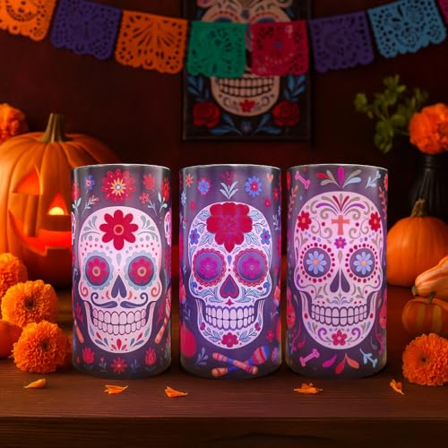 Image of Dia De Los Muertos Flameless Candles with Timer Remote 3 Pack | Halloween Flameless LED Candle Battery Operated Sugar Skull Day of The Dead Decoration