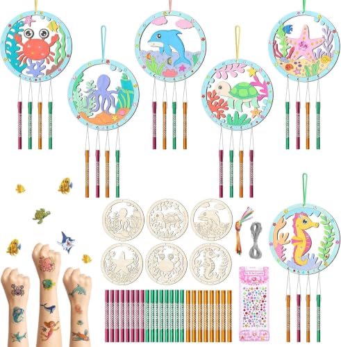 12Pack Wind Chime Kit for Kids Make Your Own Ocean Animals Wind Chime DIY Coloring Wood Crafts Summer Wooden Arts and Crafts Under Sea Ornaments for Boys Girls School Activities Party Decoration
