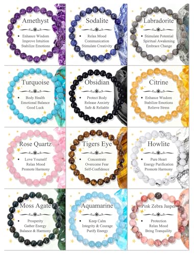 WAINIS 12Pcs 8mm Natural Healing Crystal Bracelets for Women Men Semi-Precious Gemstone Beaded Bracelets Round Beads Gemstones Stretch Yoga Bracelet