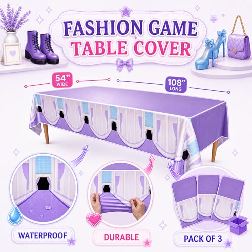 Image of Blue Orchards Fashion Game Tablecover (Pack of 3) - 108 inchx54 inch XL - Immersive Dress Up Party Supplies, Backdrop, Accent, Runway Theme Decoration, Kids and Girls Fashionista Birthday Plastic Tablecloth