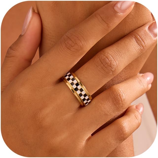 Checkered Fidget Mood Ring for Adults - 18K Gold Plated Stainless steel Rotating Spinner Statement stack mood Rings, Anxiety & Stress Relief Gift for Women/Men (Black and White Pattern) (Size 10)