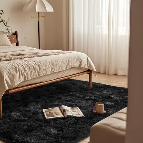 Black Rugs for Bedroom 4x5.9 ft - Ultra Soft Faux Fur Area Rug - Plush Non-Slip Shaggy Carpet for Living Room, Cozy Fluffy Rug for Kids Boys Girls Dorm Nursery Room, High Pile Floor Carpet