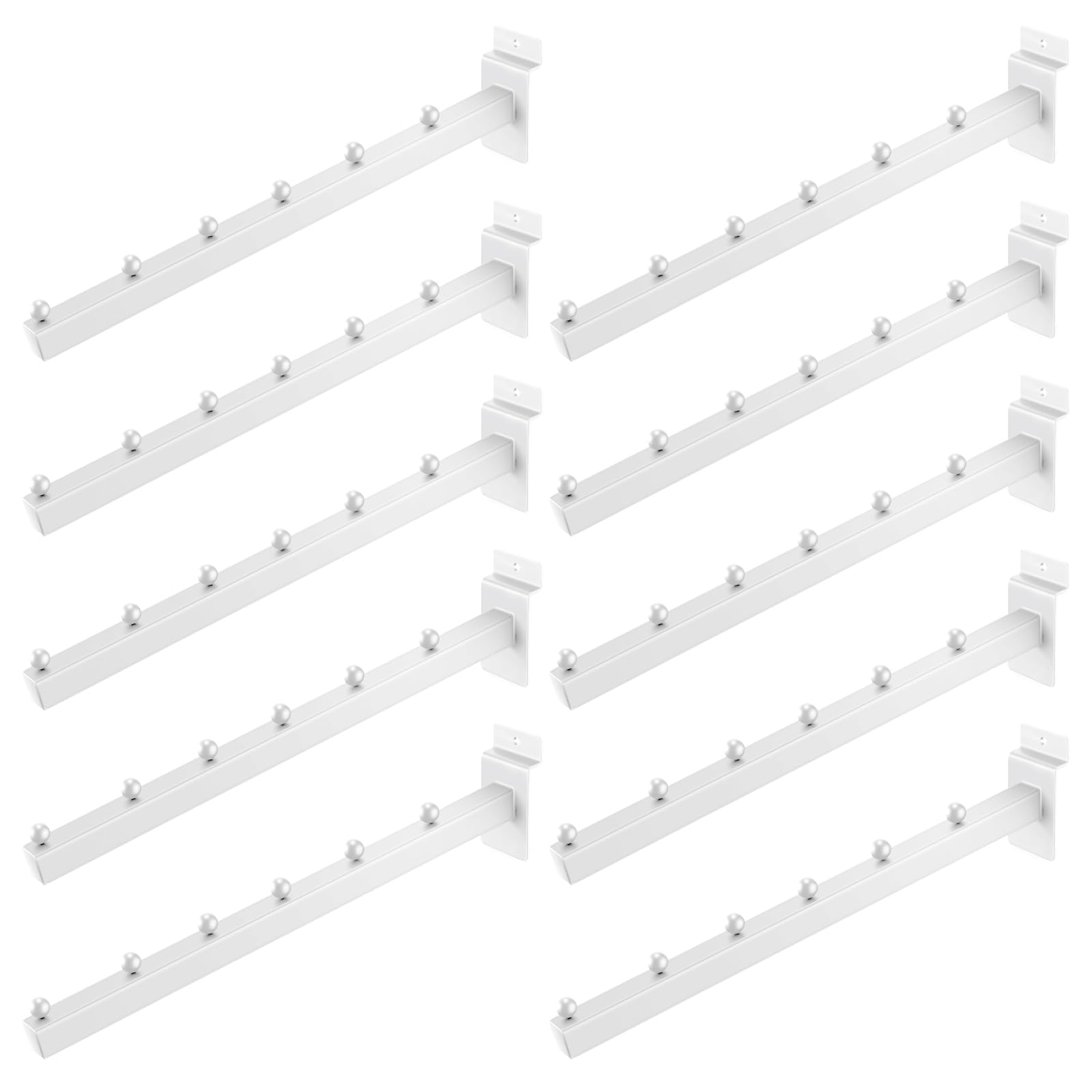 Waltool 10 Pcs 12 Inch 6 Ball Waterfall Slatwall Hooks, Heavy Duty Metal Slat Wall Hanging Hooks Shelving Pegs Panel Accessories for Clothing Retail Garage Shop Display (White)