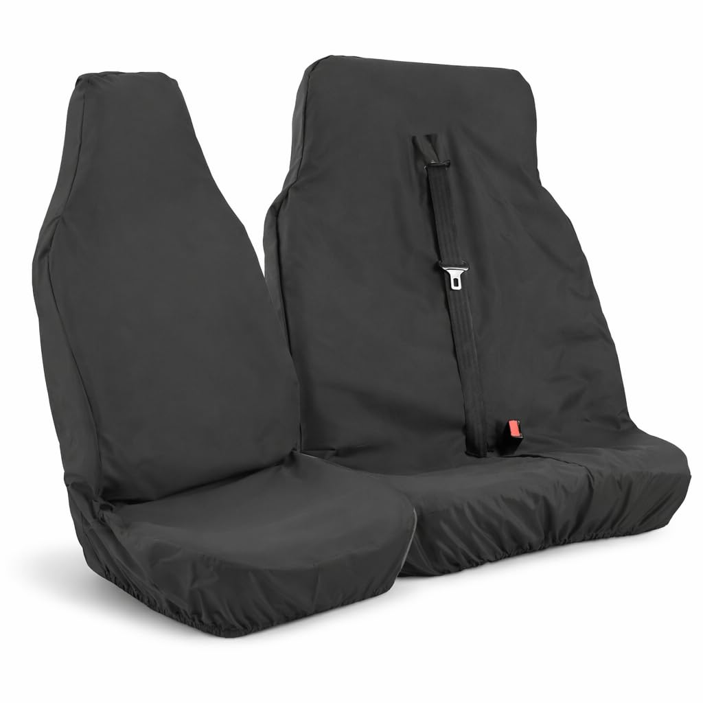 Xtra Heavy Duty Rugged Waterproof Van Seat Covers Set - Universal Fit Single + Double Bench, Van Accessories, Hardwearing Seat Protector, Black