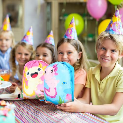 Image of Honoson 16 Pcs Axolotl Drawstring Backpack Axolotl Goodie Bags Amphibian Themed Gift Bags Drawstring Backpack Reptile Animals Party Favors Snack for Axolotls Birthday Party Supplies Baby Shower Decor
