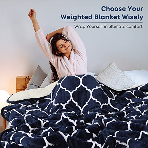Cottonblue Morocco Fashion Print Weighted Blanket 20lbs, Sherpa Fleece Weighted Blanket for Adult, Dual Sided Fluffy Fuzzy Plush Thick Throw Blanket for Winter Warm, 60x80 inches, Navy Blue