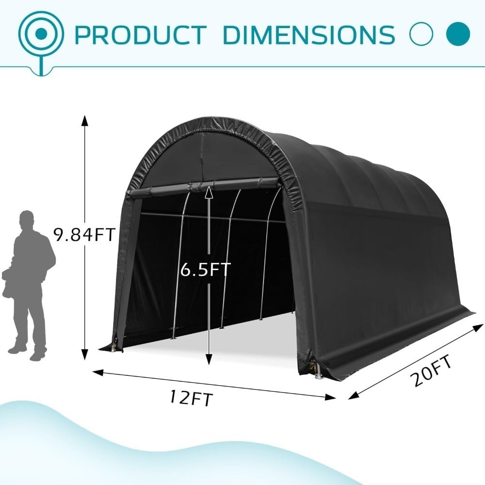 Tenda da Campeggio Posto auto coperto 12 X 20 FT Heavy Duty, Garage portatile con struttura interamente in acciaio e tetto rotondo, tettoia per auto anti-neve Riparo per Tenda da Campeggio