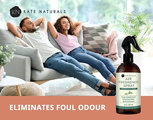 Air Freshener Spray Lemongrass Scent - Kate Naturals (8 Fl Oz). Sharp Lemongrass Aroma & Odor Eliminator For Pillows, Linen & Room Spray With Essential Oils. Fabric Refresher Spray For Bedding #TOP2