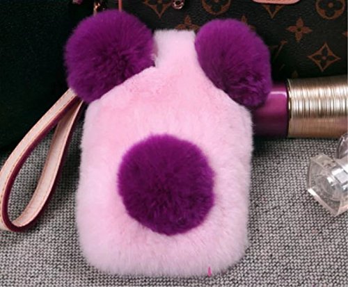 Case for Galaxy J1 Ace,Handmade Warm Winter Rex Rabbit Fur Hair Stylish Cute Fluffy Panda Bling Crystal Rhinestone Pom-pom Soft Furry TPU Case for Samsung Galaxy J1 Ace (Pink/Purple)
