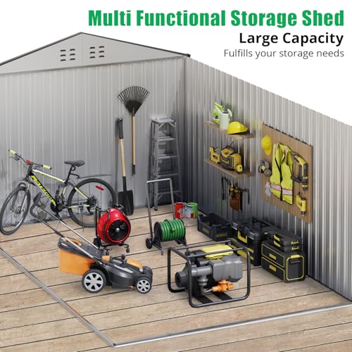 8x15 Ft Outdoor Storage Shed, Steel Utility Tool Shed with Sloped Roof & Lockable Door, Backyard Garden Patio Lawn Outdoor Shed for Organising Tools and Equipment in Yard, Garden, Grey