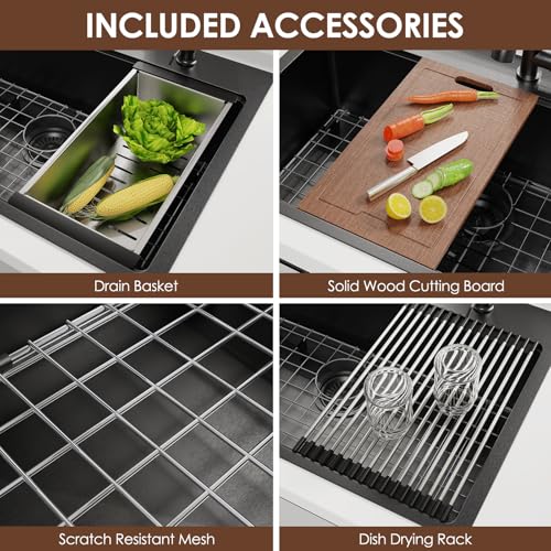 33x22 Inch Kitchen Sink Black Drop In Stainless Steel Kitchen Sinks 16 Gauge Single Bowl Workstation Luxury Top Mount Sink with 6 Accessories Include Glass Rinser (Black)